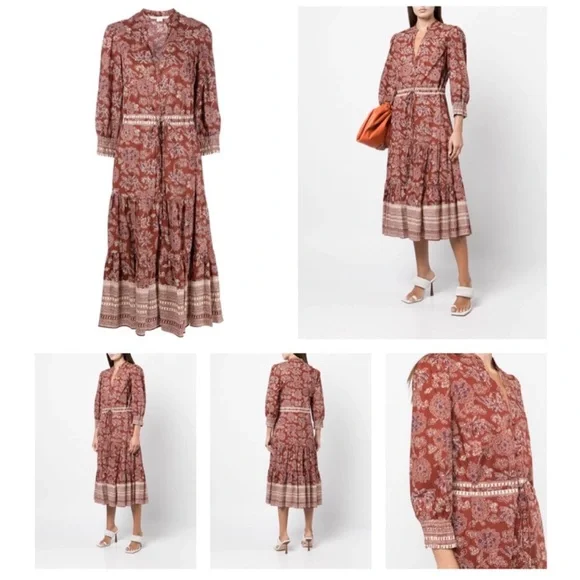 New Veronica Beard Swedie Red rust Floral Cotton Border Print Midi Dress paisley - Picture 5 of 15